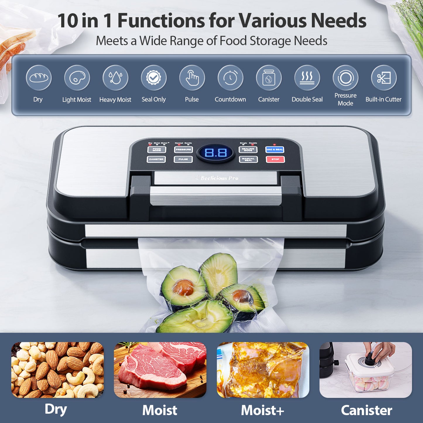 95Kpa Powerful Precision Vacuum Sealer, with 10-in-1 Functions, Easy-Lock Handle, Double Heat Seal & Double Pump, Vacuum Sealer Machine for Food with Bags Storage, Built-in Cutter,Stainless Steel