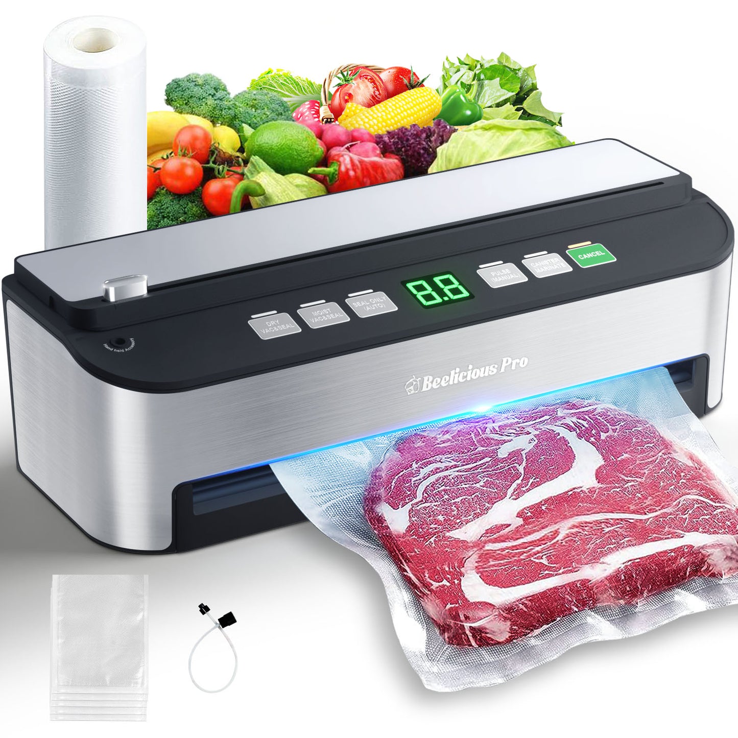 Beelicious Pro 85KPA Fully Automatic 8-IN-1 Food Sealer with Bags Storage,