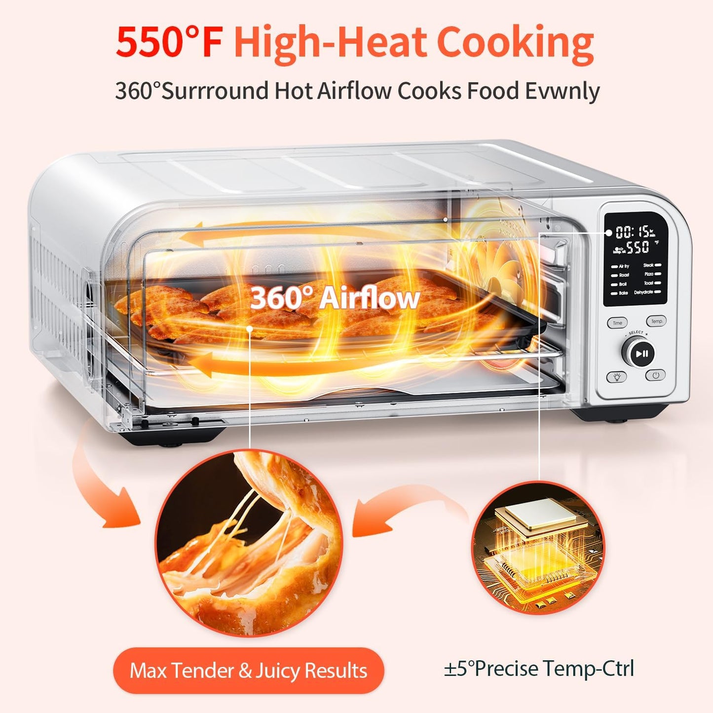 Beelicous Pro Pizza Oven, 13" Pizza, Heats up to 550°F, 8-in-1 Countertop Toaster with Light, Compact Design Smart Digital Oven Combo, 40+ Recipes, Flavor-Lock Tech