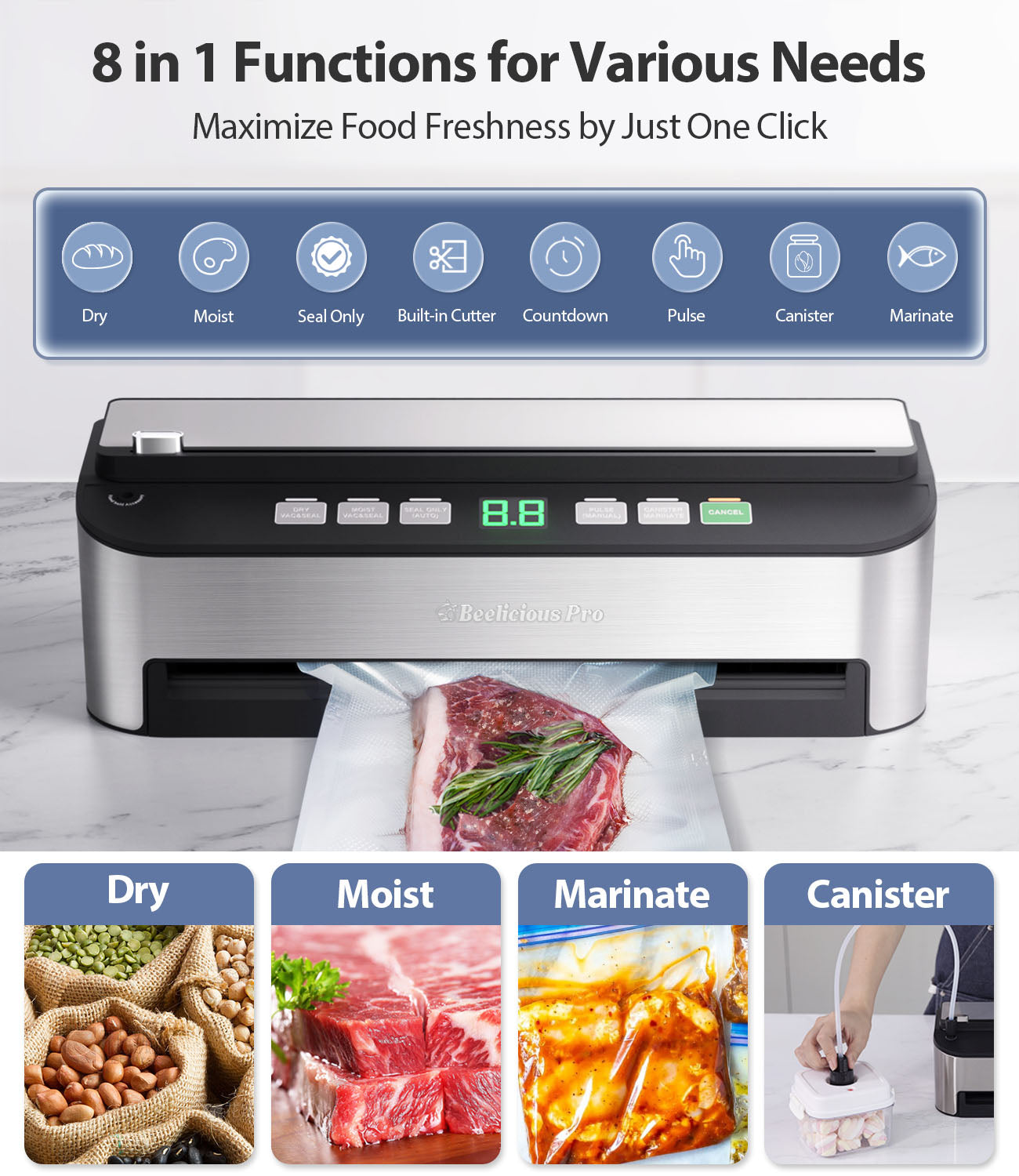 Beelicious Pro 85KPA Fully Automatic 8-IN-1 Food Sealer with Bags Storage,