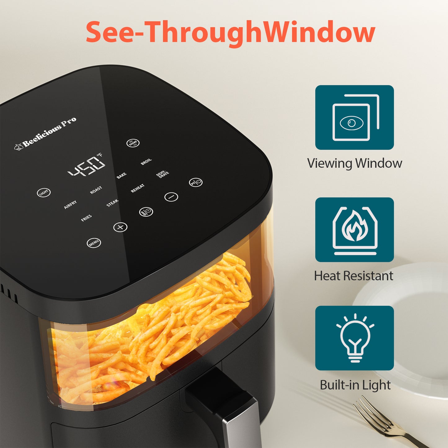 Beelicious Pro 8-in-1 Smart Compact 4QT Air Fryers,with Viewing Window（Black）