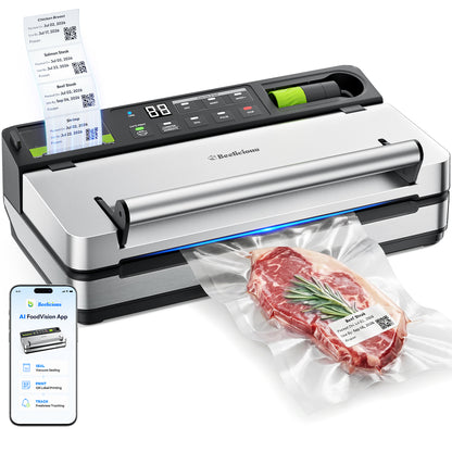 98kPa Smart Vacuum Sealer with FreshTrack Label Printing & Food Management App, Dual-Pump Food Sealer with Double Heat Seal, Extra Moist Mode for Meal Prep, Sous Vide & Freezer, VSP801, Silver