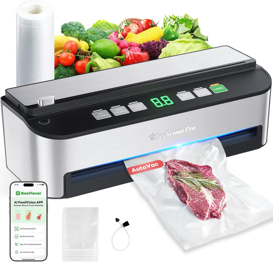 Vacuum Sealer Machine, Beelicious Pro 85KPA Fully Automatic 8-IN-1 Food Sealer with Bags Storage, Build-in Cutter, Moist Mode, Air Suction Hose