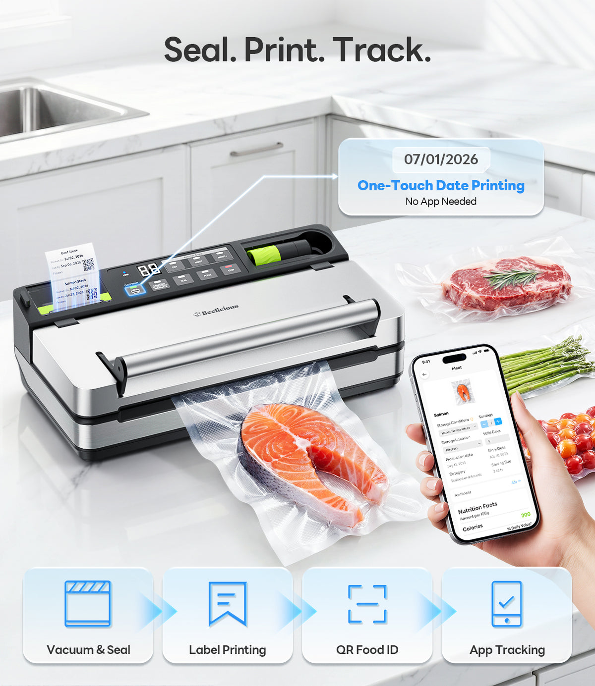98kPa Smart Vacuum Sealer with FreshTrack Label Printing & Food Management App, Dual-Pump Food Sealer with Double Heat Seal, Extra Moist Mode for Meal Prep, Sous Vide & Freezer, VSP801, Silver
