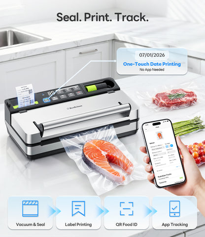 98kPa Smart Vacuum Sealer with FreshTrack Label Printing & Food Management App, Dual-Pump Food Sealer with Double Heat Seal, Extra Moist Mode for Meal Prep, Sous Vide & Freezer, VSP801, Silver