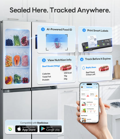 98kPa Smart Vacuum Sealer with FreshTrack Label Printing & Food Management App, Dual-Pump Food Sealer with Double Heat Seal, Extra Moist Mode for Meal Prep, Sous Vide & Freezer, VSP801, Silver