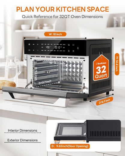 32QT Air Fryer Toaster Oven Combo with Rotisserie, Turbo Convection, Silver