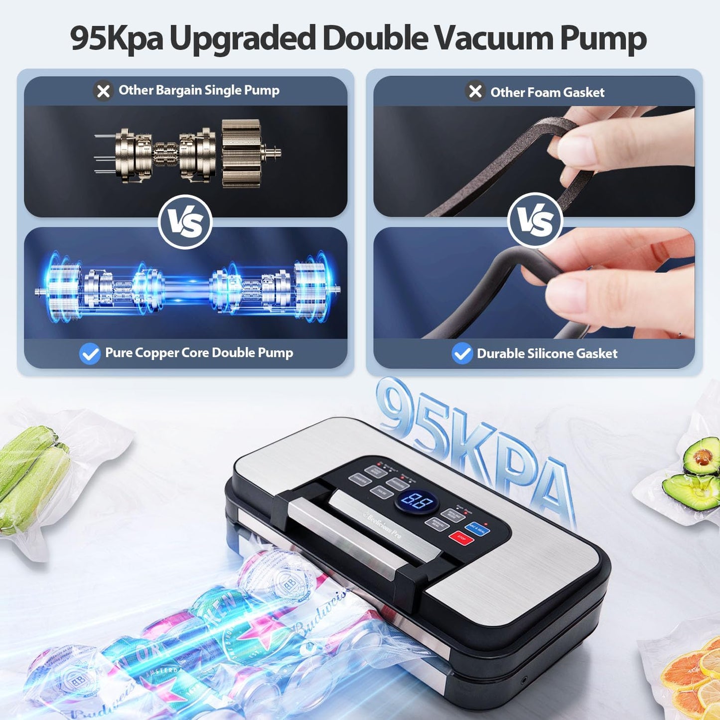 95Kpa Powerful Precision Pro Vacuum Sealer, with Double Heat Seal & Double Pump, Easy-Lock Handle, 10-in-1 Vacuum Sealer Machine for Food with Bags Storage, Built-in Cutter, Stainless Steel