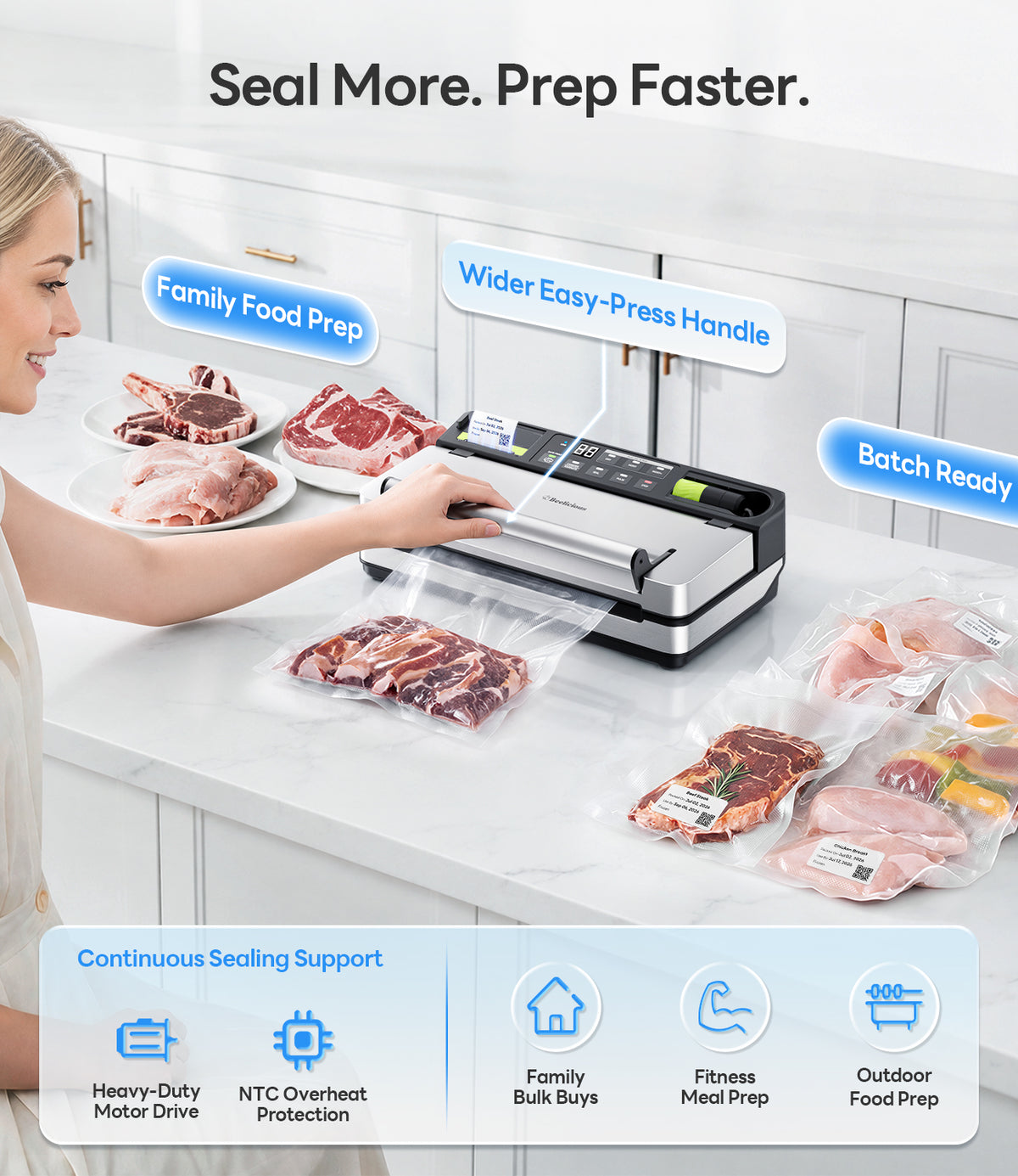 98kPa Smart Vacuum Sealer with FreshTrack Label Printing & Food Management App, Dual-Pump Food Sealer with Double Heat Seal, Extra Moist Mode for Meal Prep, Sous Vide & Freezer, VSP801, Silver