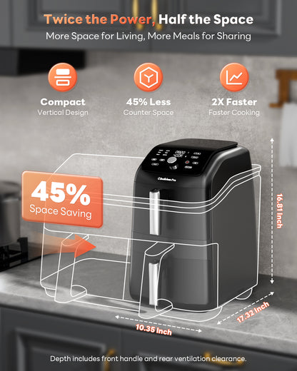 12QT Large Double Air Fryer, Family-Size Dual Airfryer with 2 Baskets, SyncHeat Even Heating, Stacked Compact Design, Smart Finish & Match Cook, PFAS-Free Nonstick, Dishwasher-Safe, Black