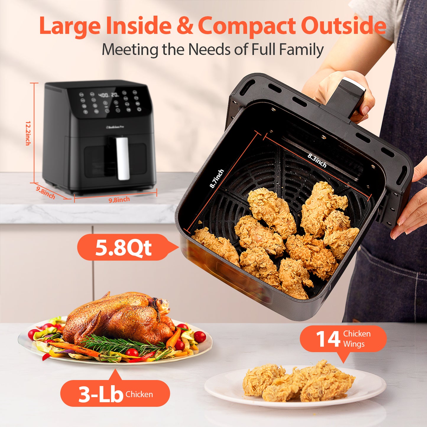 Air Fryer, Beelicious Pro® 5.8QT 12-in-1 Large Airfryer, Crisps, Roasts, Bake & Dehydrates, 85% Less Oil for Healthy Meals with Shake Reminder, Dishwasher-Safe & Nonstick, Fit for Family with Recipes