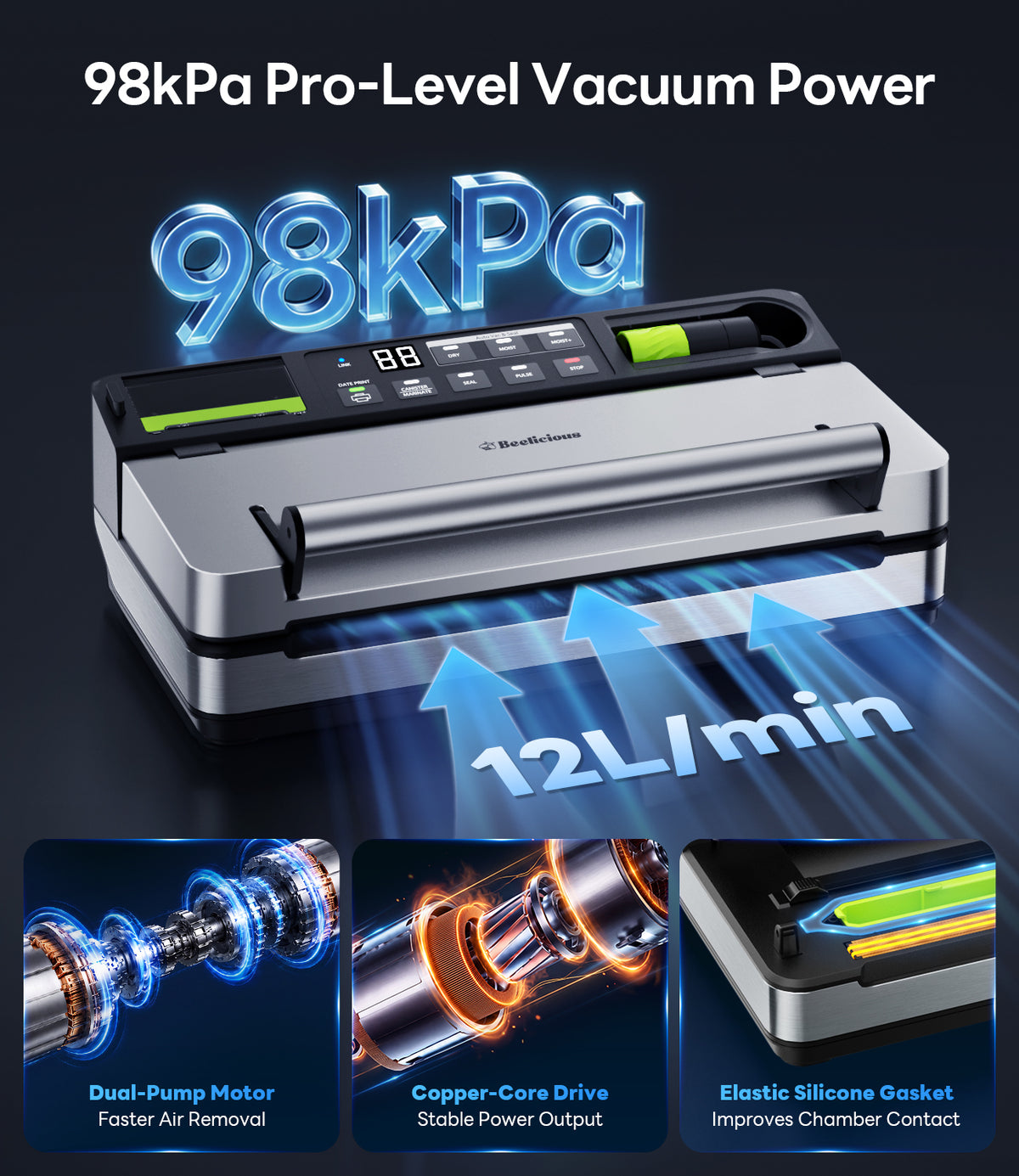 98kPa Smart Vacuum Sealer with FreshTrack Label Printing & Food Management App, Dual-Pump Food Sealer with Double Heat Seal, Extra Moist Mode for Meal Prep, Sous Vide & Freezer, VSP801, Silver