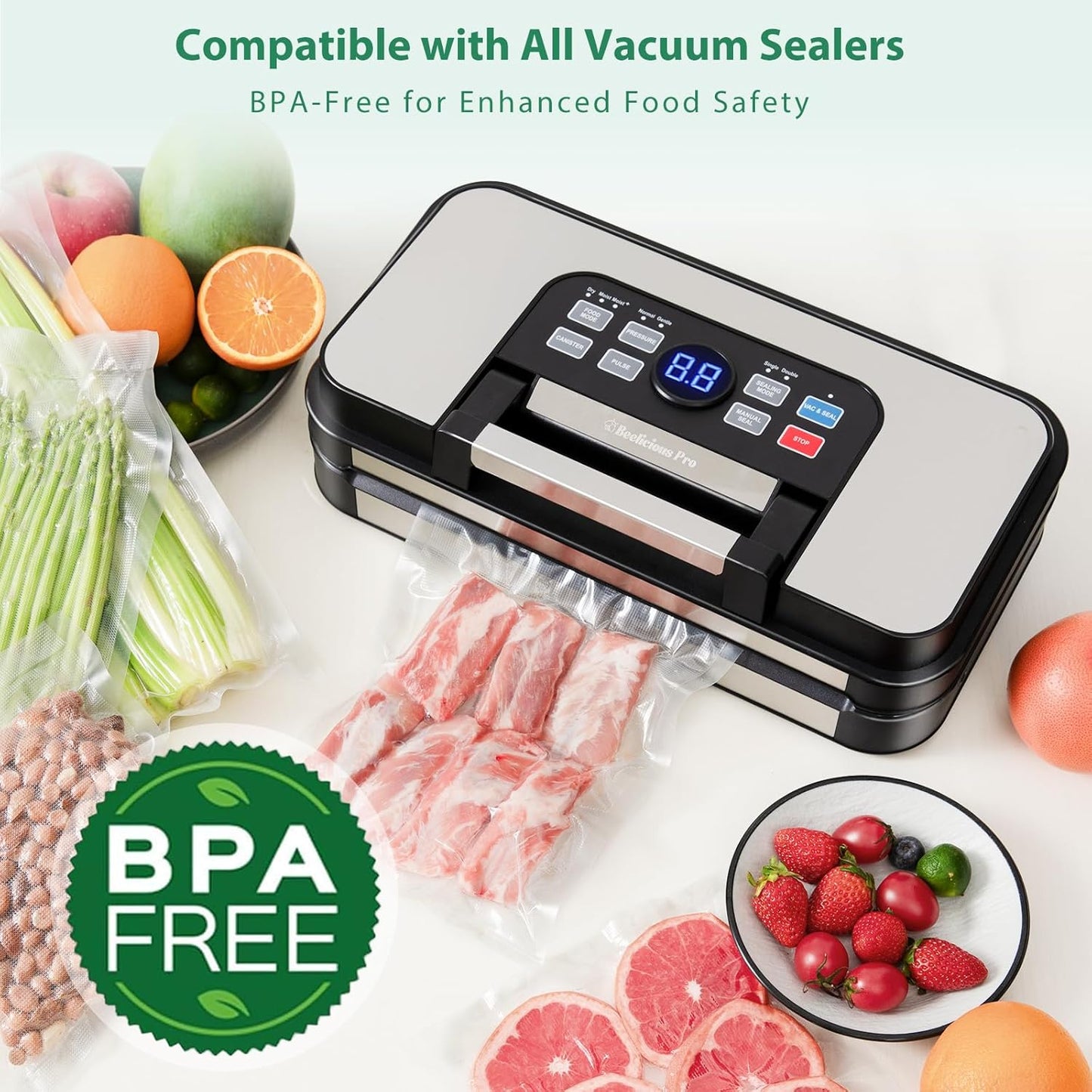 Beelicious Pro Precut Vacuum Sealer Bags for Food Storage 100 Count 8" x 12" with BPA-Free, Heavy Duty, Commercial Vacuum Seal Bags for Sous Vide & Seal a Meal