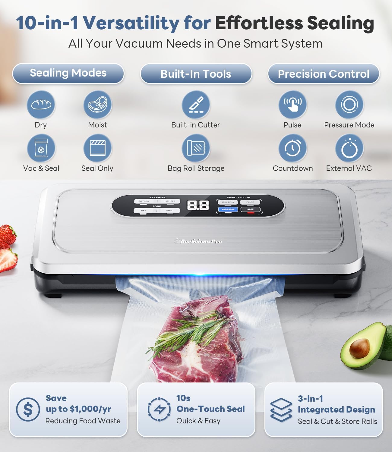 Vacuum Sealer Machine with AirLock ProSeal System, 10-in-1 Vacuum Sealer for Food, Moist/Dry Sealing Modes, Compact Design with Digital Timer, Built-in Cutter & Roll Storage, Stainless Steel