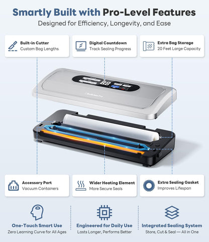Vacuum Sealer Machine with AirLock ProSeal System, 10-in-1 Vacuum Sealer for Food, Moist/Dry Sealing Modes, Compact Design with Digital Timer, Built-in Cutter & Roll Storage, Stainless Steel