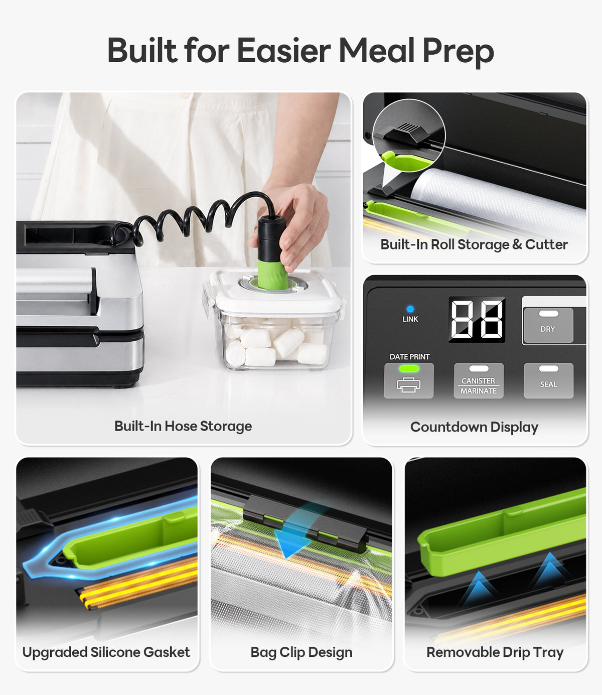 98kPa Smart Vacuum Sealer with FreshTrack Label Printing & Food Management App, Dual-Pump Food Sealer with Double Heat Seal, Extra Moist Mode for Meal Prep, Sous Vide & Freezer, VSP801, Silver