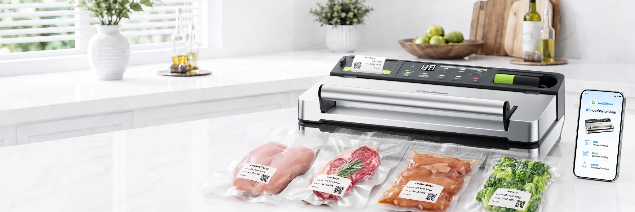 Beelicious smart vacuum sealer with printed food labels and mobile app
