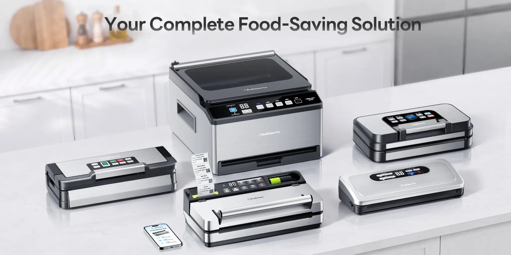 Beelicious vacuum sealer collection in a bright modern kitchen